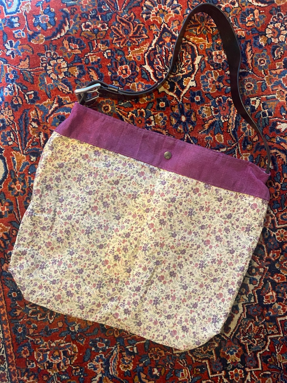 Floral Canvas Shoulder Tote Bag with Purple Trim